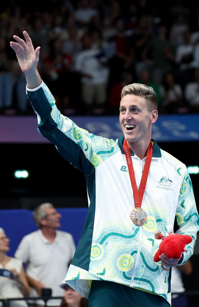 Bronze Medallist Brenden Hall of Team Australia waves on the podium during the medal ceremony. Picture: Michael Reaves/Getty Images.