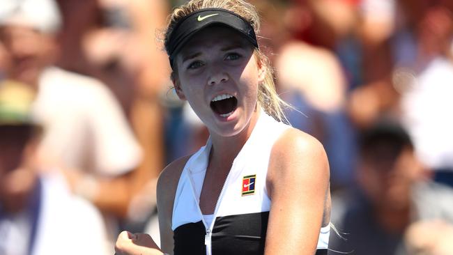 MELBOURNE, AUSTRALIA - JANUARY 14: Katie Boulter of Great Britain celebrates a point in her first round match against Ekaterina Makarova of Russia during day one of the 2019 Australian Open at Melbourne Park on January 14, 2019 in Melbourne, Australia. (Photo by Julian Finney/Getty Images)