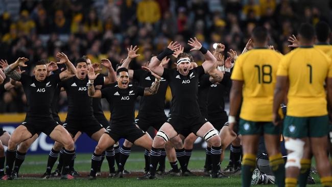 The All Blacks perform the haka before game one of the Bledisloe Cup in 2017.