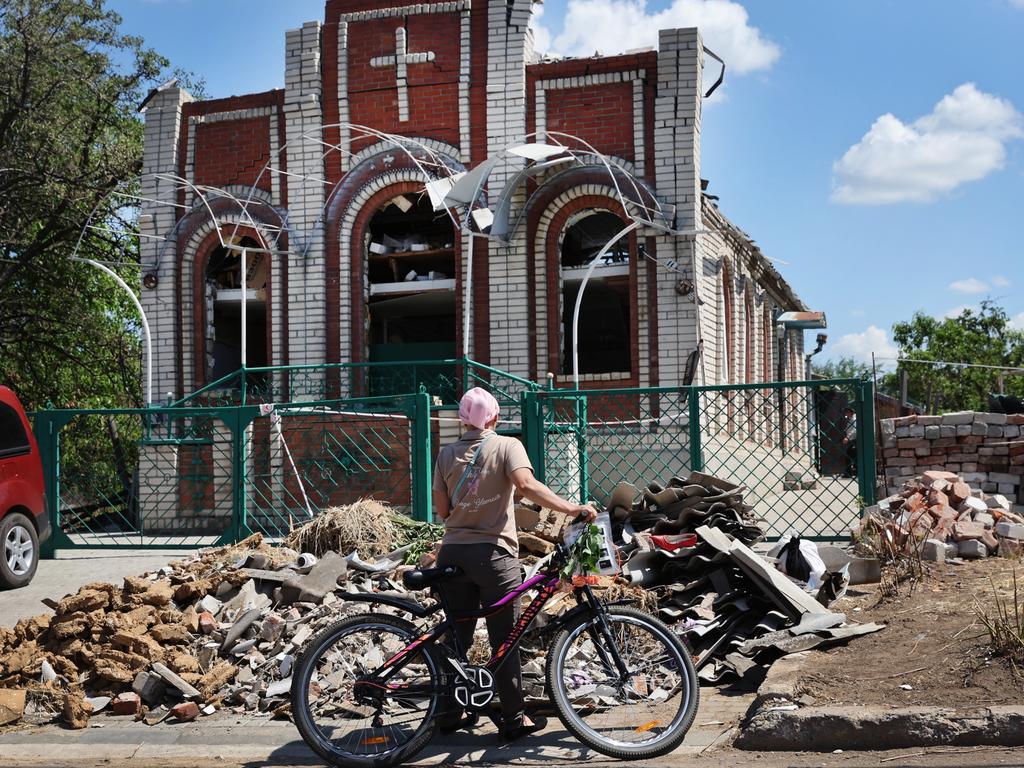 A church heavily damaged by a recent missile strike. In recent weeks, Russia has concentrated its firepower on Ukraine's Donbas region. Picture: Scott Olson/Getty Images