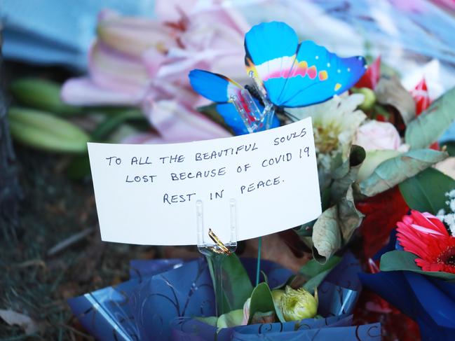 Flowers left at Newmarch nursing home at Kingswood in western Sydney. Picture: John Feder.