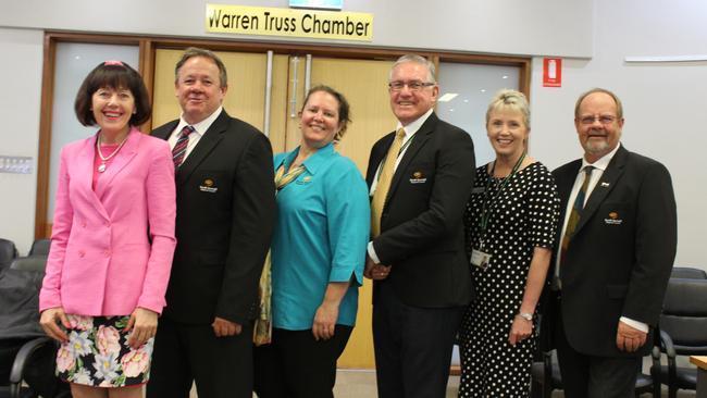 LAST MEETING: Deputy Mayor Kathy Duff, Cr Gavin ' Spud' Jones, Cr Danita Potter, Mayor Keith Campbell, Cr Roz Frohloff and Cr Terry Fleischfresser (Absent: Cr Ros Heit) at the last council meeting before the next local government election. Photo: Laura Blackmore