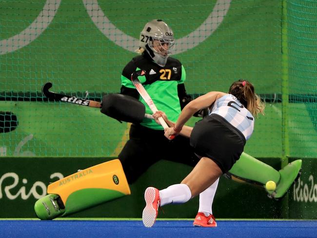 RIO DE JANEIRO, BRAZIL - AUGUST 11:  Rachael Lynch #27 of Australia stops the shot of Maria Barrionuevo #27 of Argentina during a Women's Preliminary Pool B match at the Olympic Hockey Centre on August 11, 2016 in Rio de Janeiro, Brazil.  (Photo by Sam Greenwood/Getty Images)