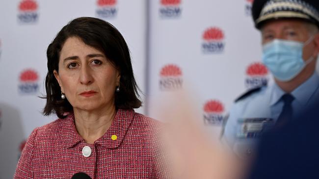 Premier Gladys Berejiklian says eight LGA residents will now have to wear masks outdoors and can only move within 5km of home. Picture: NCA NewsWire/Bianca De Marchi