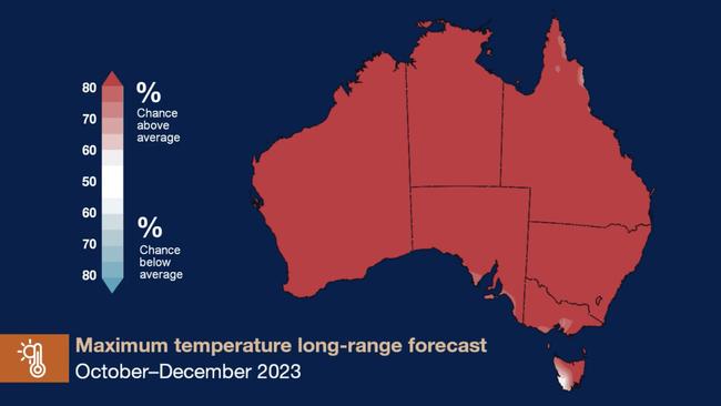 A wild map showed maximum temperatures are likely to be hotter than normal almost everywhere. Picture: BOM.