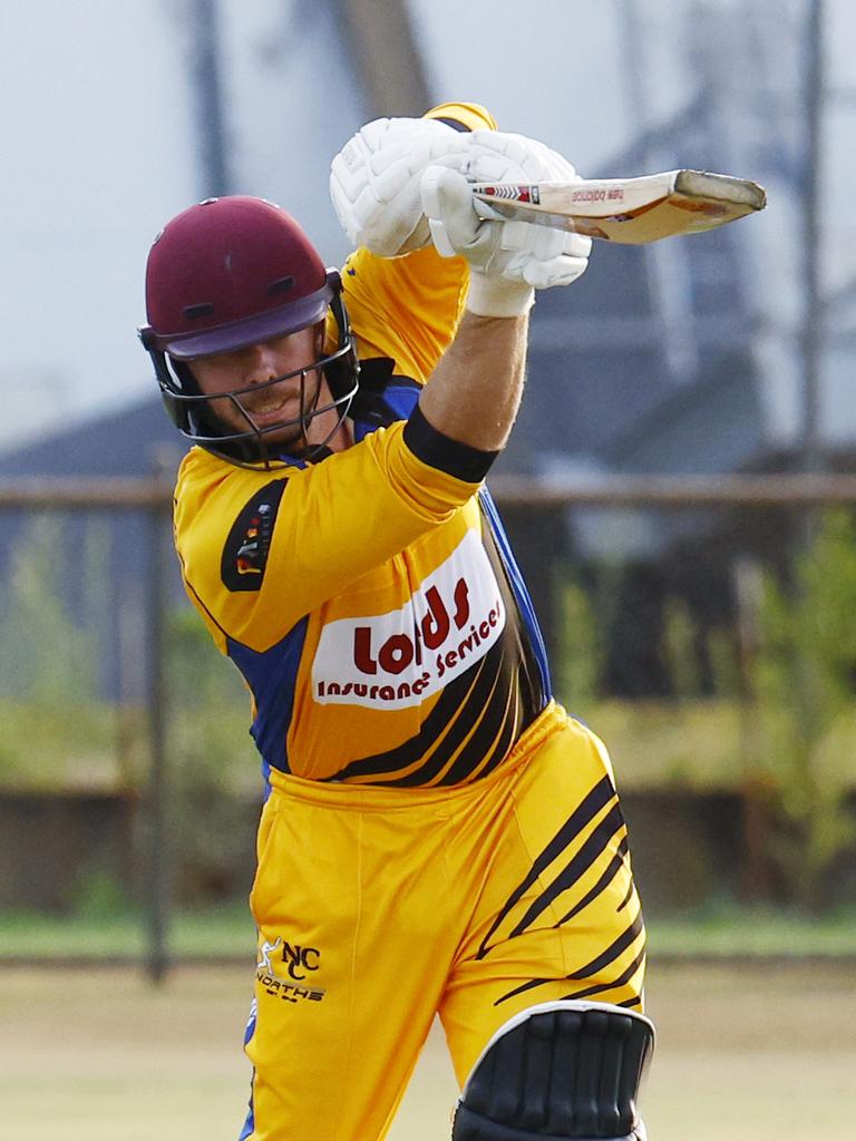 Norths' Angus Warnock bats in the Cricket Far North day/night match between Norths and Rovers at Griffiths Park, Manunda. Picture: Brendan Radke