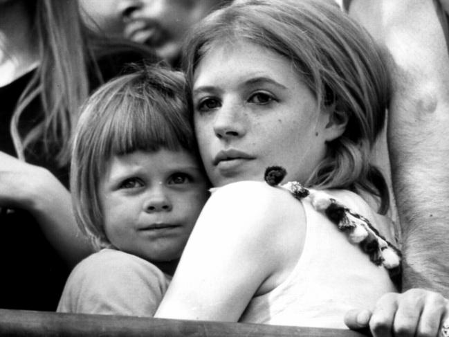 Singer Marianne Faithfull with son Nicholas at Rolling Stones concert in 1969.