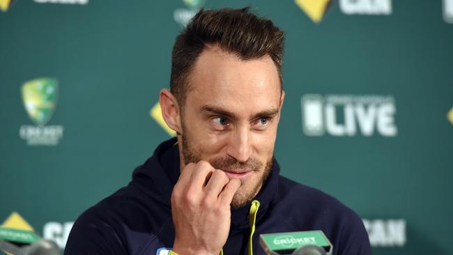 South African cricket captain Faf du Plessis gestures during a press conference at Adelaide Oval in Adelaide, Wednesday, Nov. 23, 2016. Australia play South Africa in the third and final Test match tomorrow. Du Plessis insists he did nothing wrong when shining the ball with saliva while sucking on a mint during the second Test against Australia in Hobart last week, after being found guilty of ball tampering. (AAP Image/Dave Hunt) NO ARCHIVING