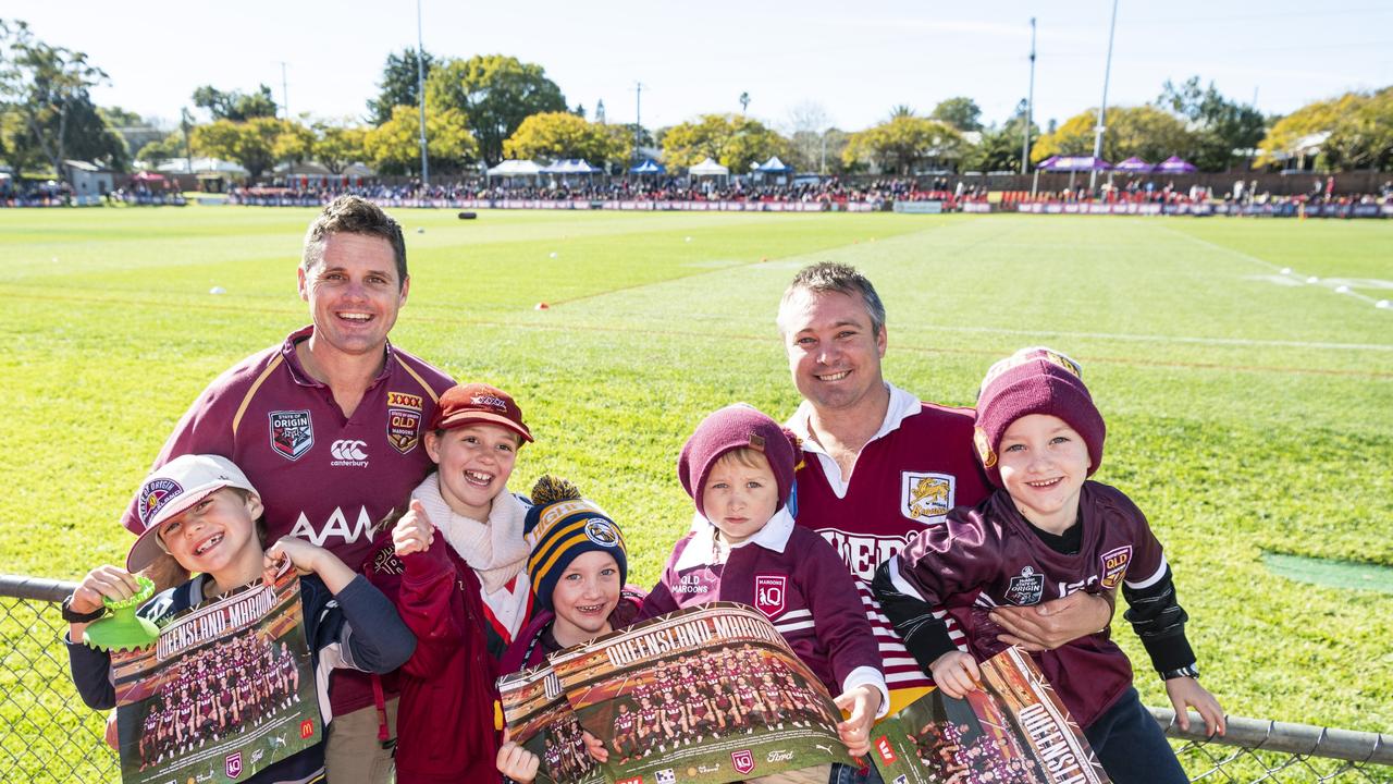 At Queensland Maroons fan day are (from left) Fraser Miller, Geoff Miller, Libby Miller, William Crothers, Digby Crothers, Tom Crothers and Fletcher Crothers at Toowoomba Sports Ground, Tuesday, June 18, 2024. Picture: Kevin Farmer