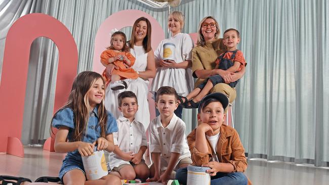 mumamoo founders – and their kids – Kristina Scutella with Estelle 1, William, 4, and Eric, 6; Belinda Humphries with daughter Kit, 9, and Charlotte Chambers with sons George, 4, and Mack, 7, taking on the $70bn global infant formula industry. Picture: Tom Huntley