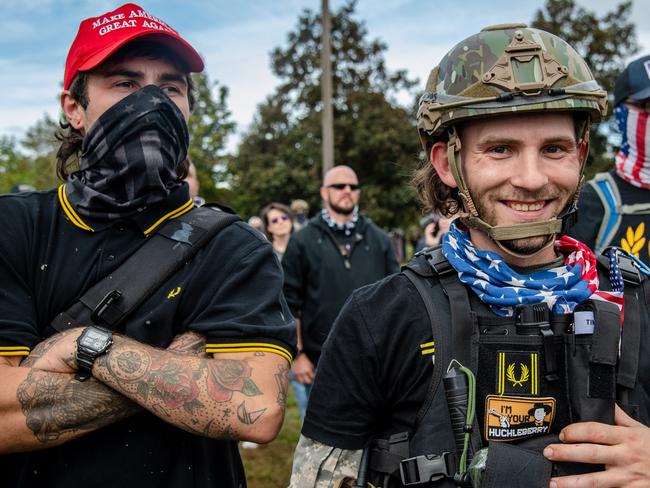 Mandatory Credit: Photo by Amy Harris/Shutterstock (10791506au) Proud Boys gather for a rally at Delta Park Vanport on September 26, 2020 in Portland, Oregon. The Oregon governor declared an emergency in advance of the event hosted by a right-wing group with a history of violence at protests. The Proud Boys Host A Rally In Portland Oregon, Portland, USA - 26 Sep 2020