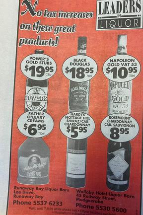 Spirits remained cheap in the mid-90s. Advertisements in the Gold Coast Bulletin, August 1995. Gold Coast History.