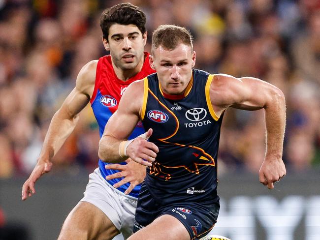 Rory Laird in action during the match between the Adelaide Crows and the Melbourne Demons at Adelaide Oval. Picture: Dylan Burns/AFL Photos via Getty Images.