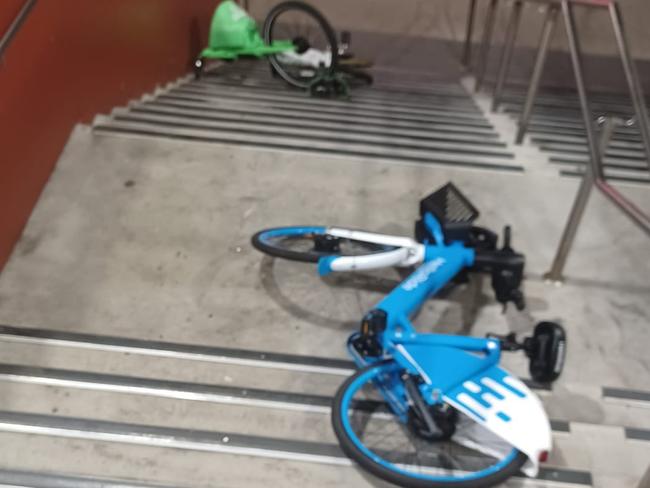 Share bikes posing a hazard at the Wolli Creek railway station after being dumped.