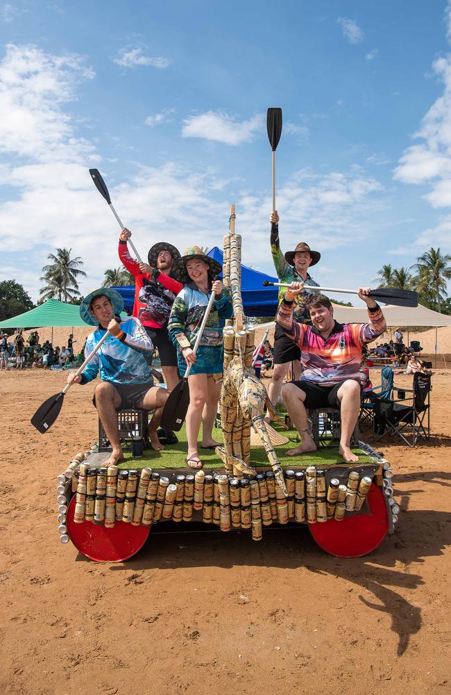 Jacob Hart, Jessica Dowling, Brad Brown, Jack Murray and Geoff King with their boat Titan 2 from Darwin at the Darwin Beer Can Regatta at Mindil Beach, 2023. Picture: Pema Tamang Pakhrin