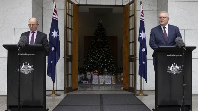 Chief Medical Officer Paul Kelly and Prime Minister Scott Morrison during a press conference at Parliament House on Monday. Picture: NCA NewsWire / Gary Ramage