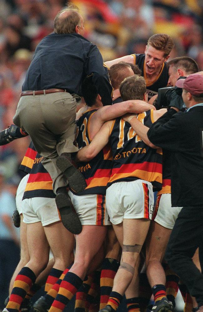 Blight leaps for joy after Adelaide’s 1998 premiership.