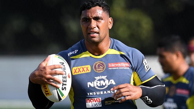 Brisbane Broncos player Tevita Pangai is seen during training in Brisbane, Wednesday, June 13, 2018. The Broncos will clash with the Canberra Raiders at Suncorp Stadium on Saturday. (AAP Image/Dan Peled) NO ARCHIVING