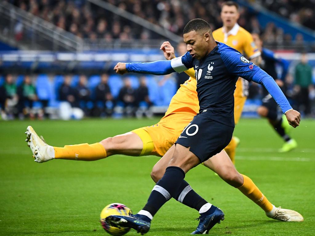 France's forward Kylian Mbappe shoots during a Euro 2020 qualifier. Picture: AFP