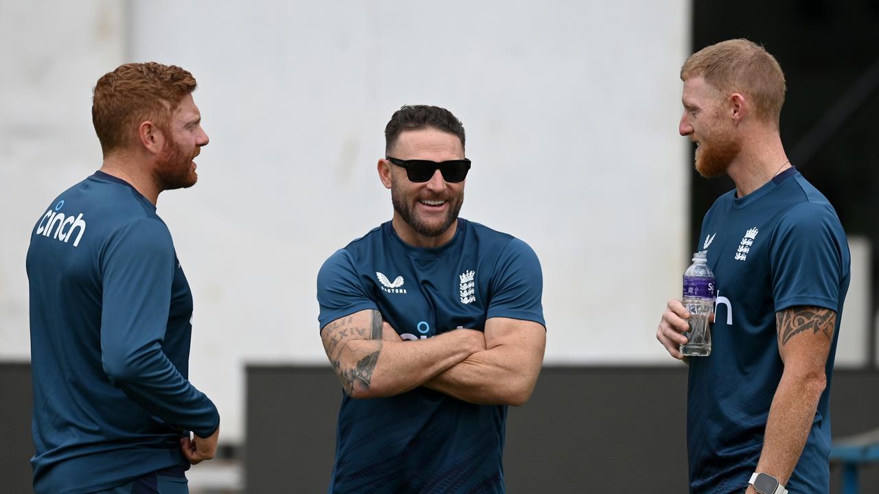 Steady as she goes … Jonny Bairstow, Brendon McCullum and Ben Stokes are comfortable with the team’s approach. (Photo by Gareth Copley/Getty Images)