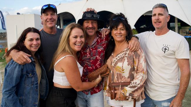 Paula Lock, Nigel Mitchell, Sandy Caruana, Brenton Lock, Ellie Mitchell, Todd Caruana, all of Mackay, attending the Airlie Beach Festival of Music on Saturday, November 5, 2022. Picture: Katrina Lezaic