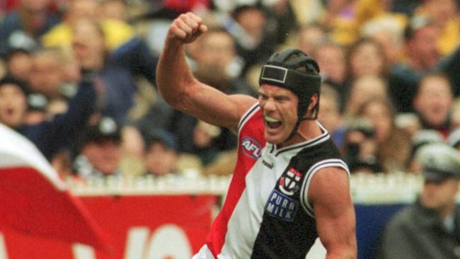 St Kilda's Nathan Burke celebrates a goal.