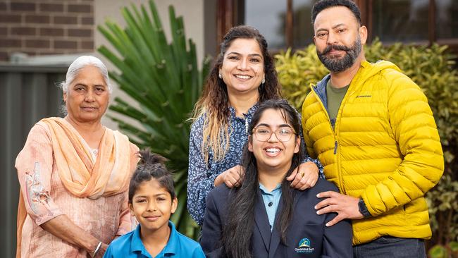 Cranbourne East Secondary College dux Jasleen with mum Ranjit Kaur, dad Karampreet Singh, grandma Kulwinder Kaur and brother Samarjot Singh Sekhon. Picture: Mark Stewart