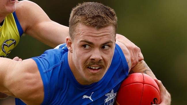 MELBOURNE, AUSTRALIA - JANUARY 26: Cameron Zurhaar of the Kangaroos in action during the North Melbourne Kangaroos training session at La Trobe University on January 26, 2024 in Melbourne, Australia. (Photo by Michael Willson/AFL Photos via Getty Images)