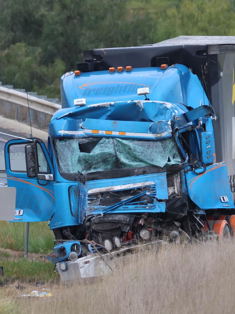 Police believe the truck collided with the back of the bus. Picture: Brendan Beckett