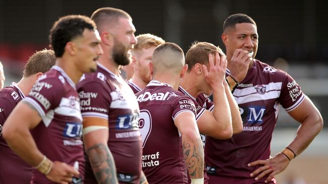 Daly Cherry-Evans of the Sea Eagles looks on dejected with the team. Picture: Matt King/Getty Images