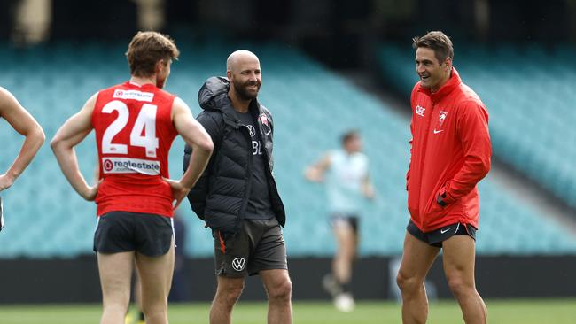 Josh Kennedy, right with (from left) Dane Rampe and Jarrad McVeigh, won’t play again after another hamstring setback. Picture: Phil Hillyard