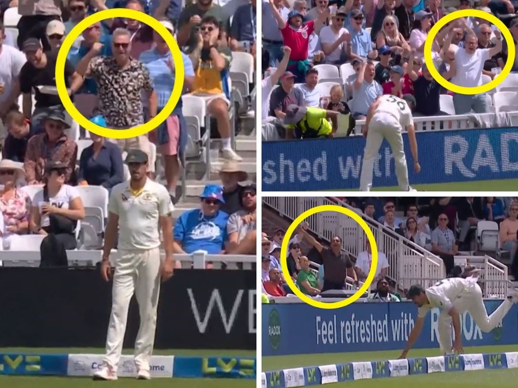 Mitchell Starc was targeted by the England crowd after pushing the ball over the rope while attempting to catch Ben Stokes. Pictures: Sky Sports