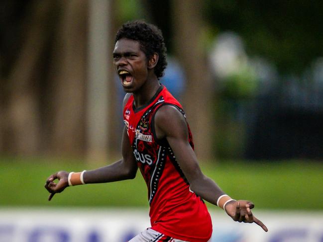 Thaddeus Puautjimi playing for the Tiwi Bombers in the 2024-25 NTFL season. Picture: Patch Clapp / AFLNT Media