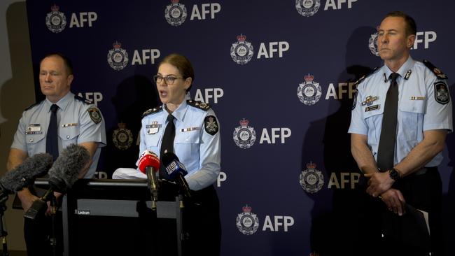 AFP Assistant Commissioner Justine Gough along with Queensland Police Acting Assistant Commissioner Col Briggs, right, and NSW Police Assistant Commissioner Michael Fitzgerald. Picture: Mohammad Alfares