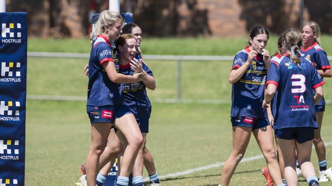 Western Clydesdales players celebrate a try against Sunshine Coast Falcons. Picture: Kevin Farmer