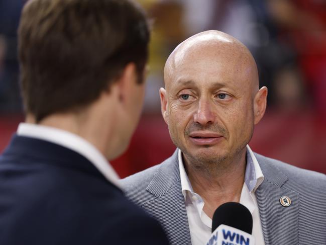 WOLLONGONG, AUSTRALIA - MARCH 23: Larry Kestelman gives an interview after game five of the NBL Grand Final Series between Illawarra Hawks and Melbourne United at WIN Entertainment Centre, on March 23, 2025, in Wollongong, Australia. (Photo by Darrian Traynor/Getty Images)