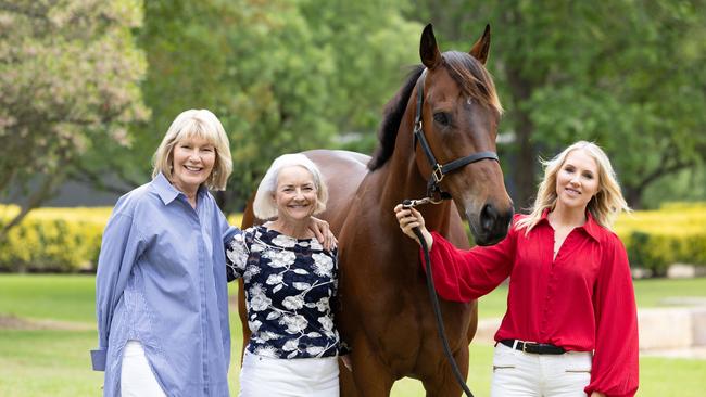 Magic Millions co- owner Katie Page with racing industry participant Linda Huddy (centre) and Sky Racing analyst Ally Mosley Photo: Luke Marsden