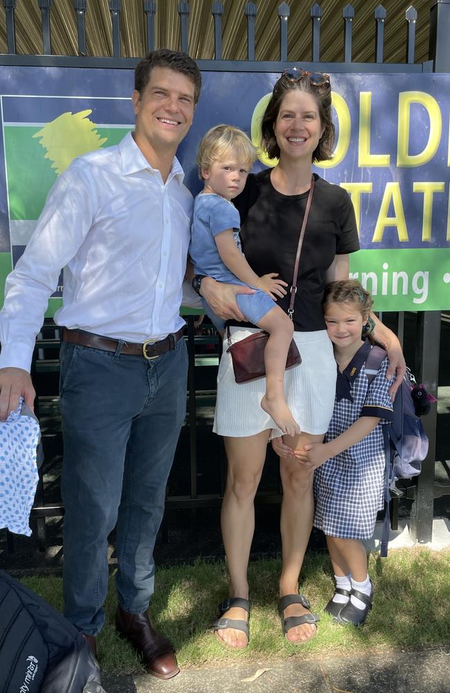 Henry, Len, and Linda with Lucy on her first day of school at Golden Beach State School. Picture: Iwan Jones