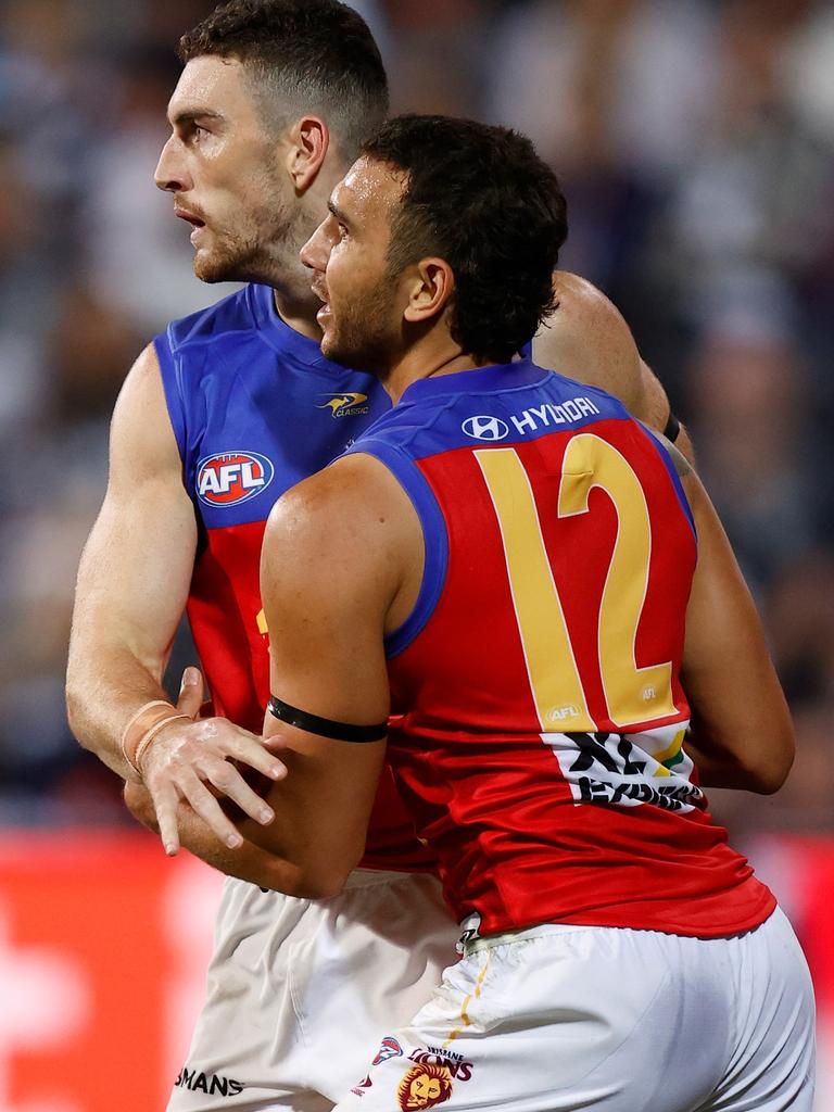 McStay (left) and Nakia Cockatoo celebrate a goal.