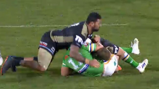 Andrew Fifita was penalised and charged for this crusher tackle. Picture: Fox Sports