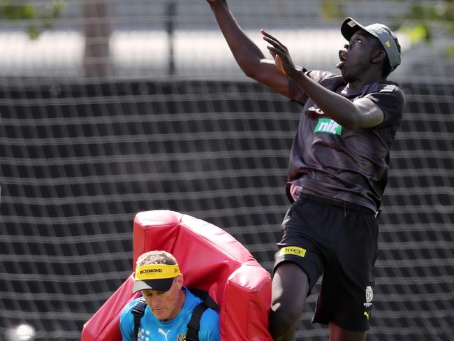 Bigoa Nyuon showing off his Ruck/Def leap. Picture: Michael Klein