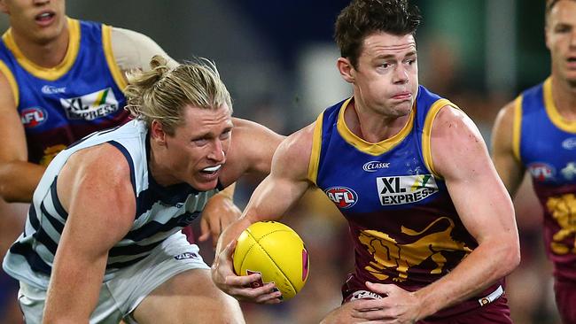 BRISBANE, AUSTRALIA - OCTOBER 17: Lachie Neale of the Lions makes a run during the AFL 2nd Preliminary Final match between the Brisbane Lions and the Geelong Cats at The Gabba on October 17, 2020 in Brisbane, Australia. (Photo by Jono Searle/AFL Photos/via Getty Images)