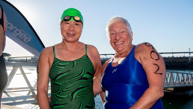 Min and Anita at the 2024 Masters Swimming Australia National Championships open swim event in Darwin. Picture: Pema Tamang Pakhrin