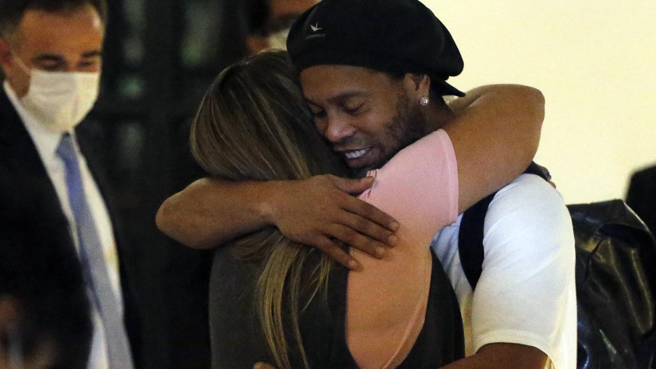 Ronaldinho’s inmates emotionally said goodbye to him as he moved to house arrest. (AP Photo/Jorge Saenz)