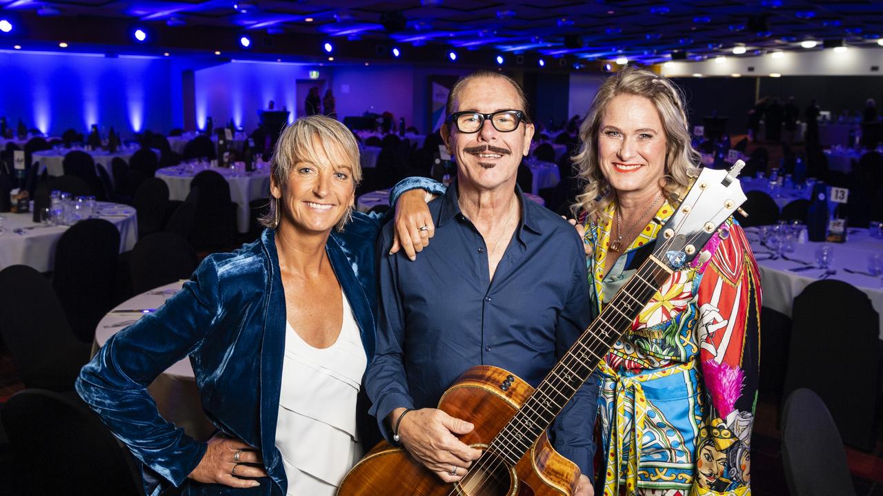 Toowoomba Hospital Foundations Legends at their Game luncheon guest speakers Layne Beachley and Kirk Pengilly with foundation CEO Alison Kennedy (right) at Rumours International, Friday, May 5, 2023. Picture: Kevin Farmer