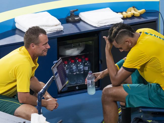 Lleyton Hewitt discusses tactics with Nick Kyrgios at last year’s ATP Cup. Picture: Craig Golding/AAP Image