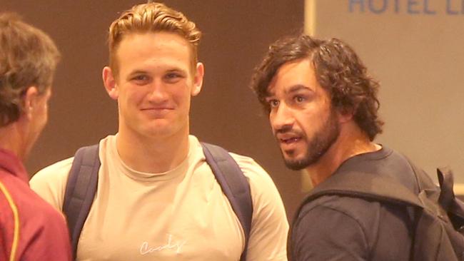Cohen Hess and Jonathan Thurston arrive in Brisban. Photo: Jono Searle.