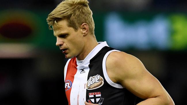 Nick Riewoldt came off second best after a head clash. Picture: AAP