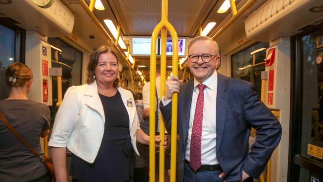 The Prime Minister, Anthony Albanese, rides light rail with the ALP candidate for the seat of Fadden, Letitia Del Fabbro on the Gold Coast Picture: Glenn Campbell / NCA Newswire