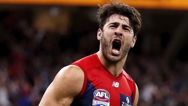 PERTH, AUSTRALIA - SEPTEMBER 25: Christian Petracca of the Demons celebrates a goal during the 2021 Toyota AFL Grand Final match between the Melbourne Demons and the Western Bulldogs at Optus Stadium on September 25, 2021 in Perth, Australia. (Photo by Dylan Burns/AFL Photos via Getty Images)